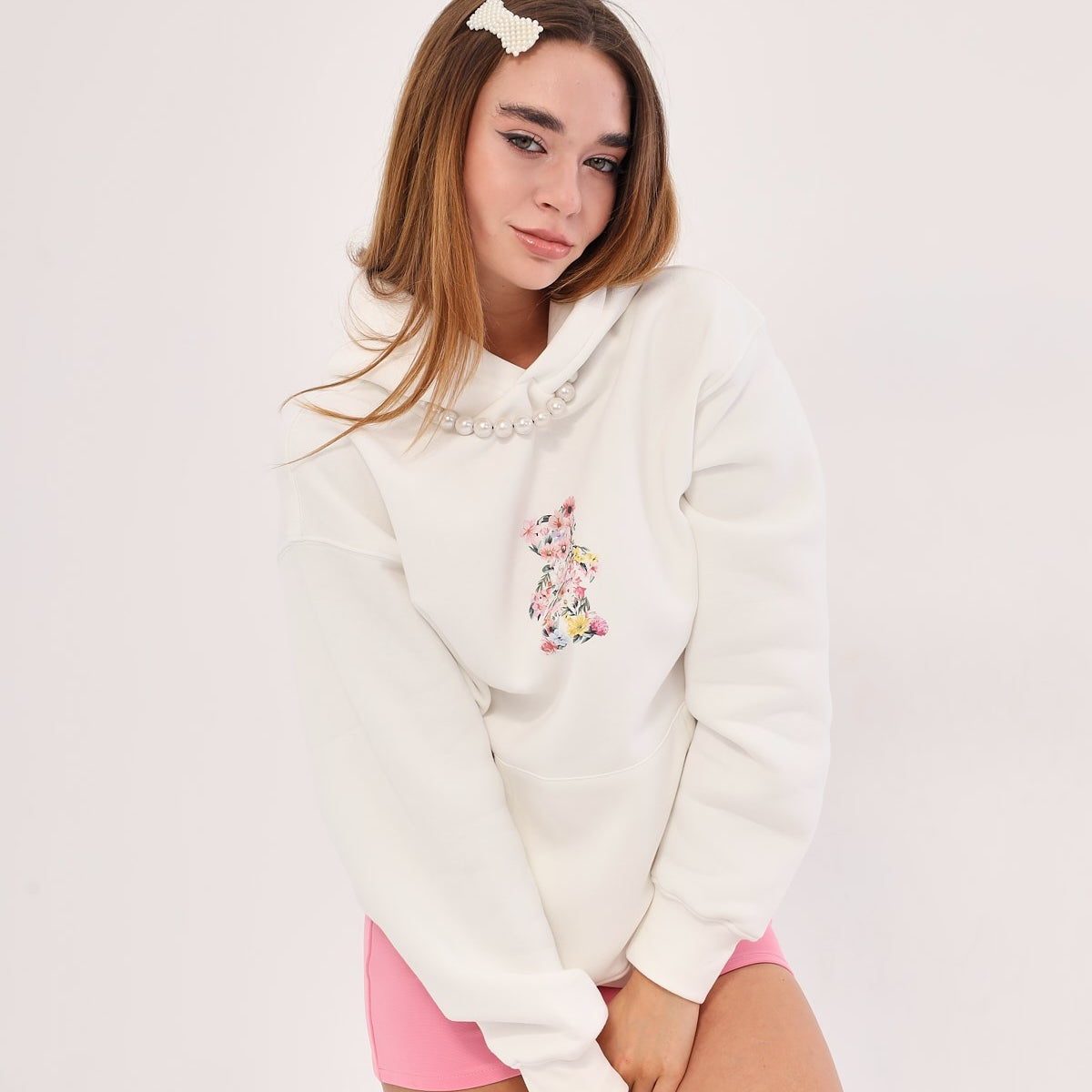 Kapüşonlu İçi Polar Teddy Bear Çiçekli  Baskılı Beyaz Unisex Hoodie Sweatshirt