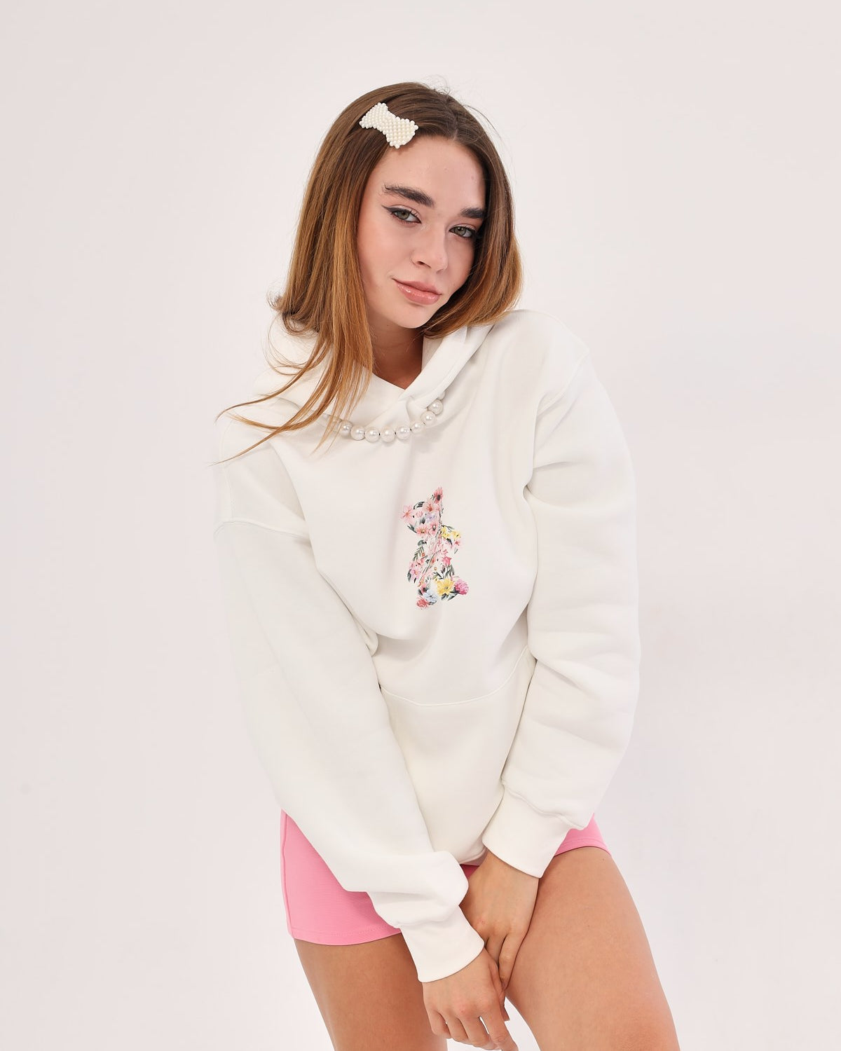 Kapüşonlu İçi Polar Teddy Bear Çiçekli  Baskılı Beyaz Unisex Hoodie Sweatshirt