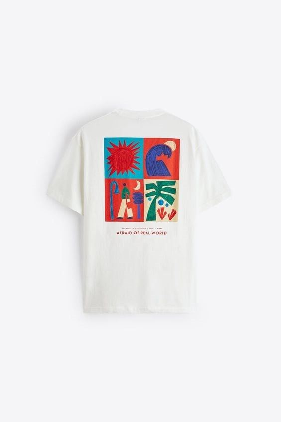 Bisiklet Yaka Afraid Of Real World Baskılı Beyaz Oversize Erkek T-shirt