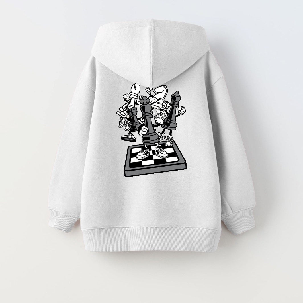 Kapüşonlu İçi Polar Satranç Think Baskılı Beyaz Unisex Çocuk Hoodie Sweatshirt