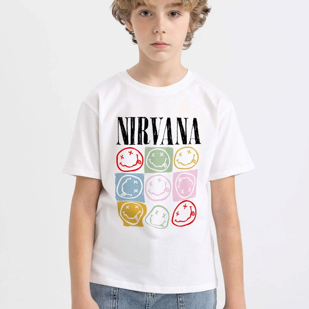 Nevermind Nirvana Yazılı Smile Tasarım Baskılı Beyaz Çocuk T-Shirt
