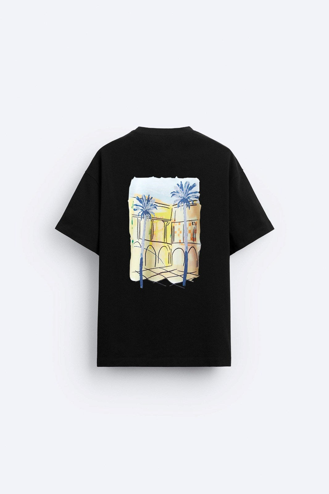 Bisiklet Yaka Palmiye Baskılı Oversize Siyah Erkek T-shirt