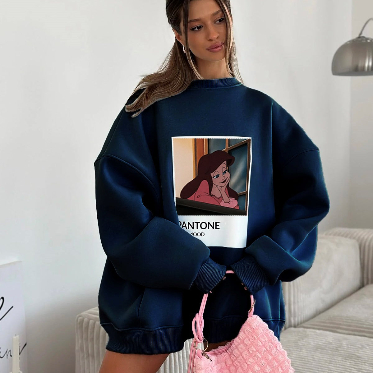 Kadın Oversize Sweat Elbise Lacivert – 3 İplik Şardonlu , Bisiklet Yaka, Pantone - prenses baskılı