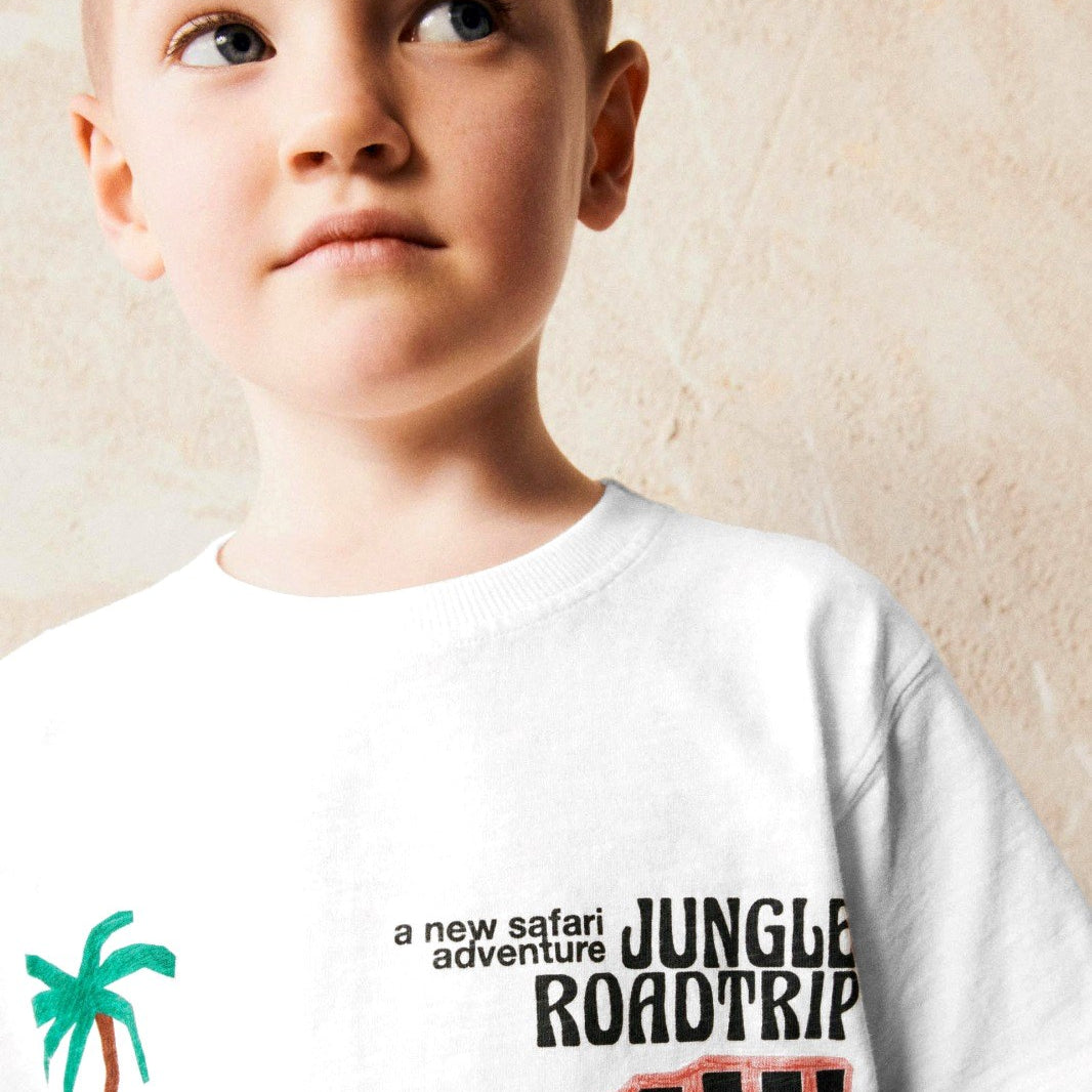 Jungle Roadtrip Yazılı Safari Tasarım Baskılı Beyaz Çocuk T-shırt