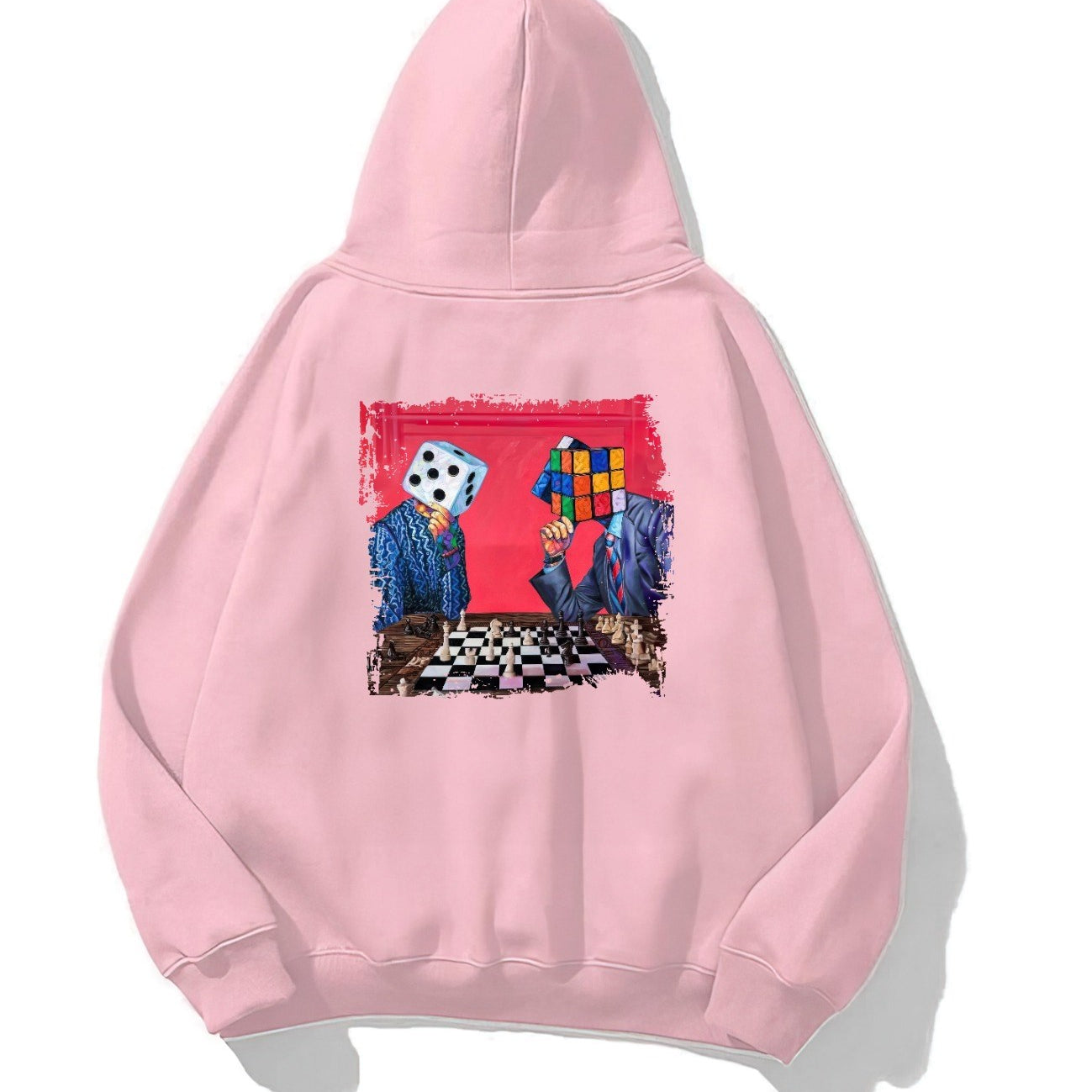 Kapüşonlu İçi Polar Satranç Baskılı Pembe Unisex Oversize Hoodie Sweatshirt
