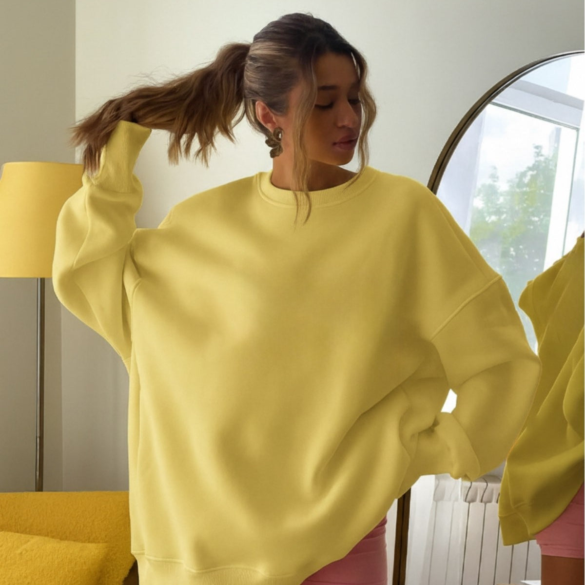 Kadın Oversize Sweatshirt Elbise Basic Sarı – Bisiklet Yaka, 3 İplik Şardonlu Polar