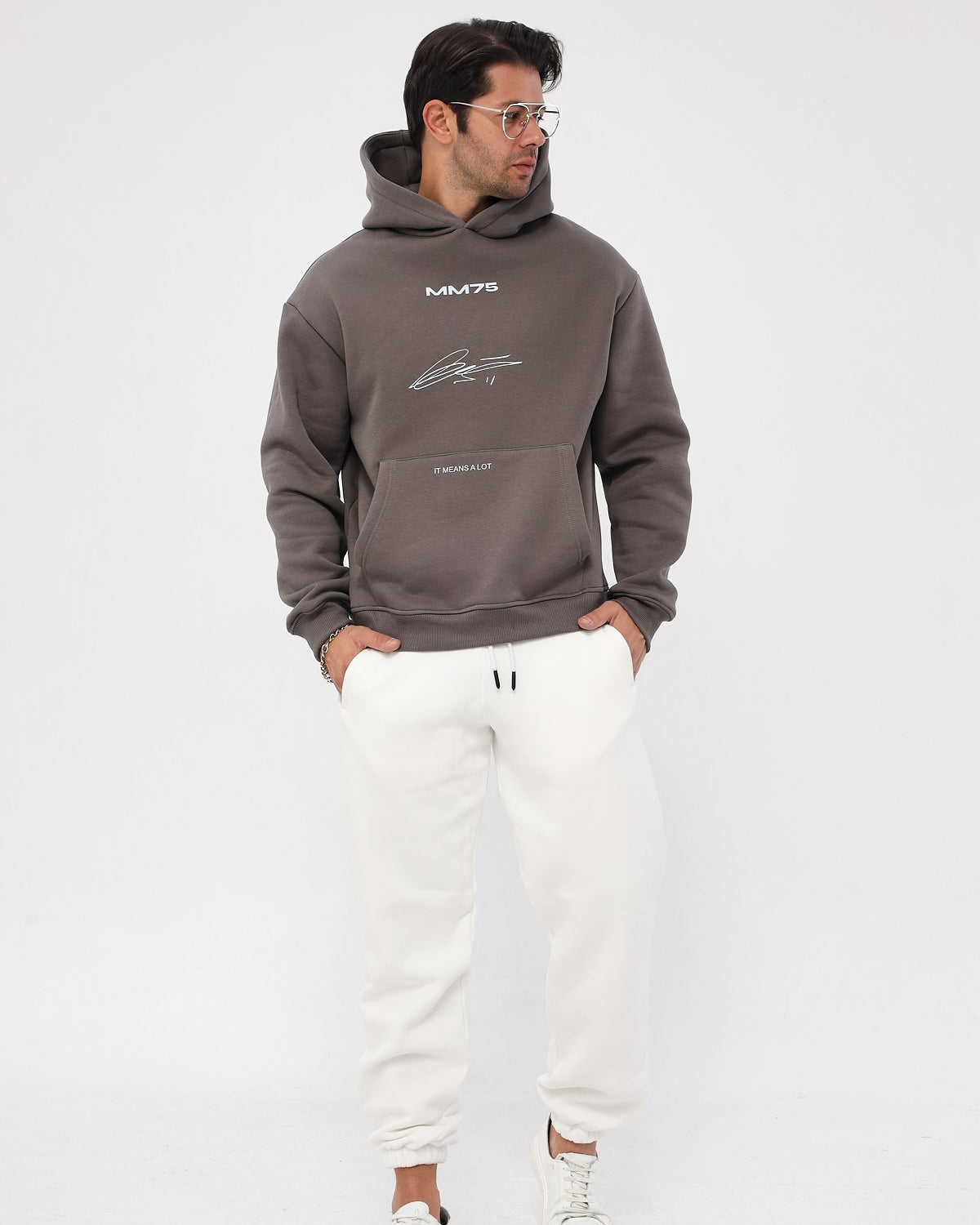 Kapüşonlu İçi Polar MM75 Baskılı Füme Oversize Hoodie Sweatshirt