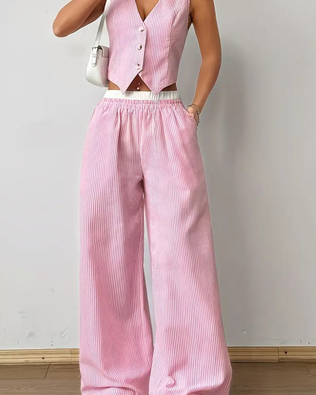 Kadın Çizgili Poplin Dokuma İkili Takım – Düğmeli Crop Yelek & Bol Paça Pantolon Yazlık Rahat Model