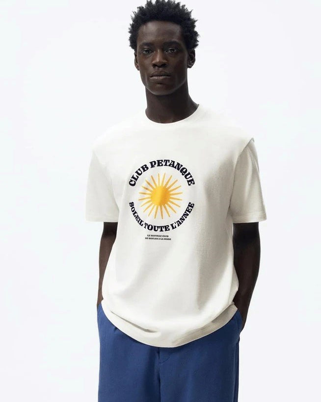 Bisiklet Yaka Club Petanque Baskılı Beyaz Oversize Erkek T-shirt