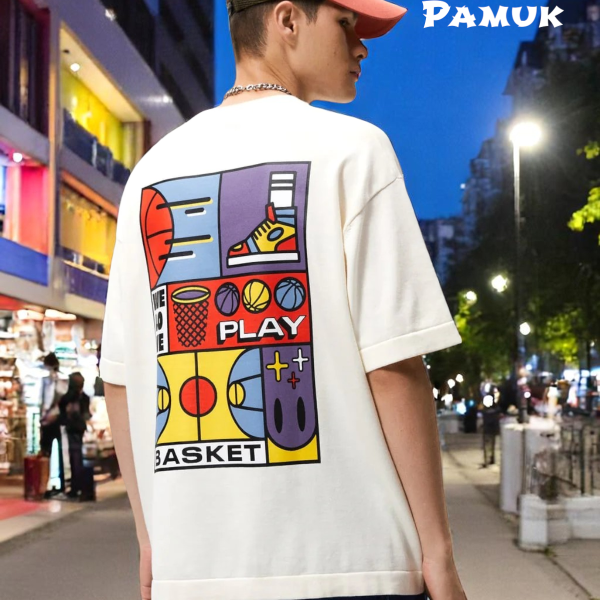We Love Play Basket Yazılı Basket Tasarım Baskılı Oversize Beyaz Erkek T-shirt