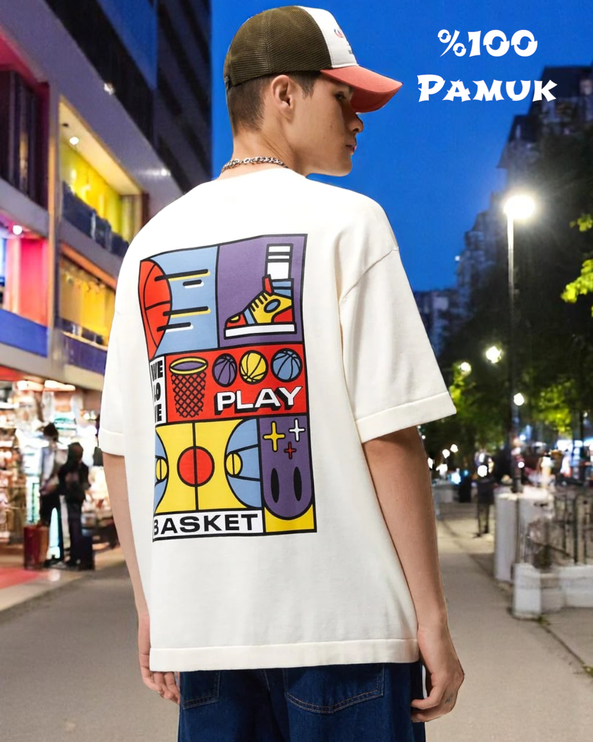 We Love Play Basket Yazılı  Basket Tasarım Baskılı Oversize Beyaz Erkek T-shirt