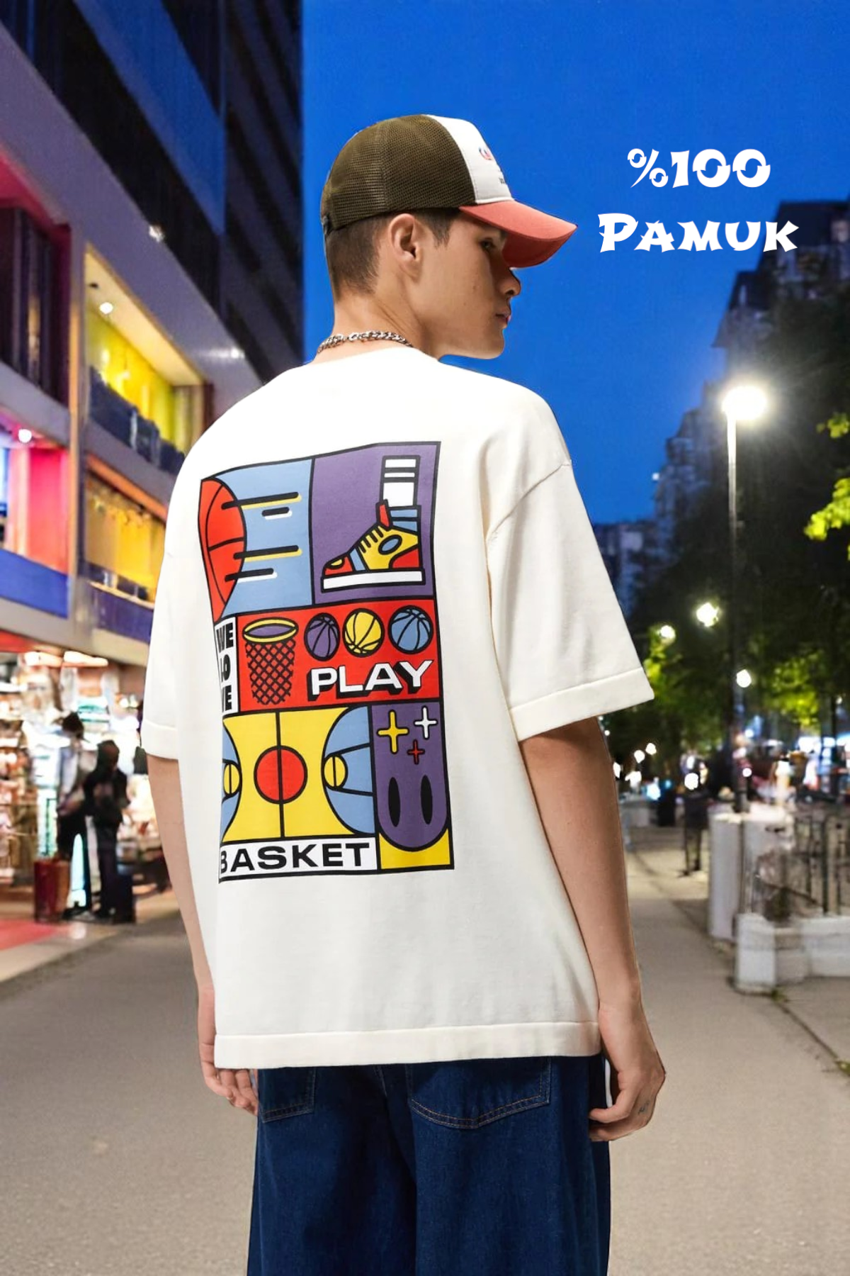 We Love Play Basket Yazılı  Basket Tasarım Baskılı Oversize Beyaz Erkek T-shirt