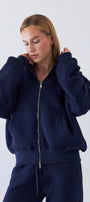 Kadın Oversize Zip Hoodie Lacivert – Fermuarlı, Kapüşonlu, Kangru Cep,  3 İplik Şardonlu Polar