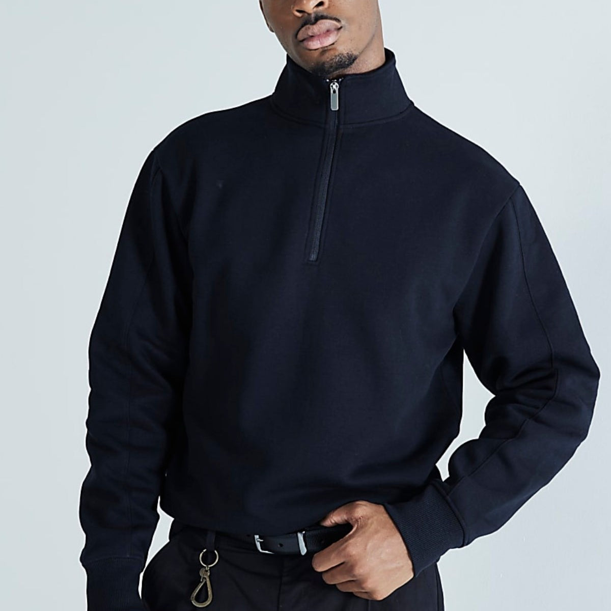 Erkek Lacivert Yarım Fermuarlı Sweatshirt 3 İplik Şardonlu Oversize Kesim