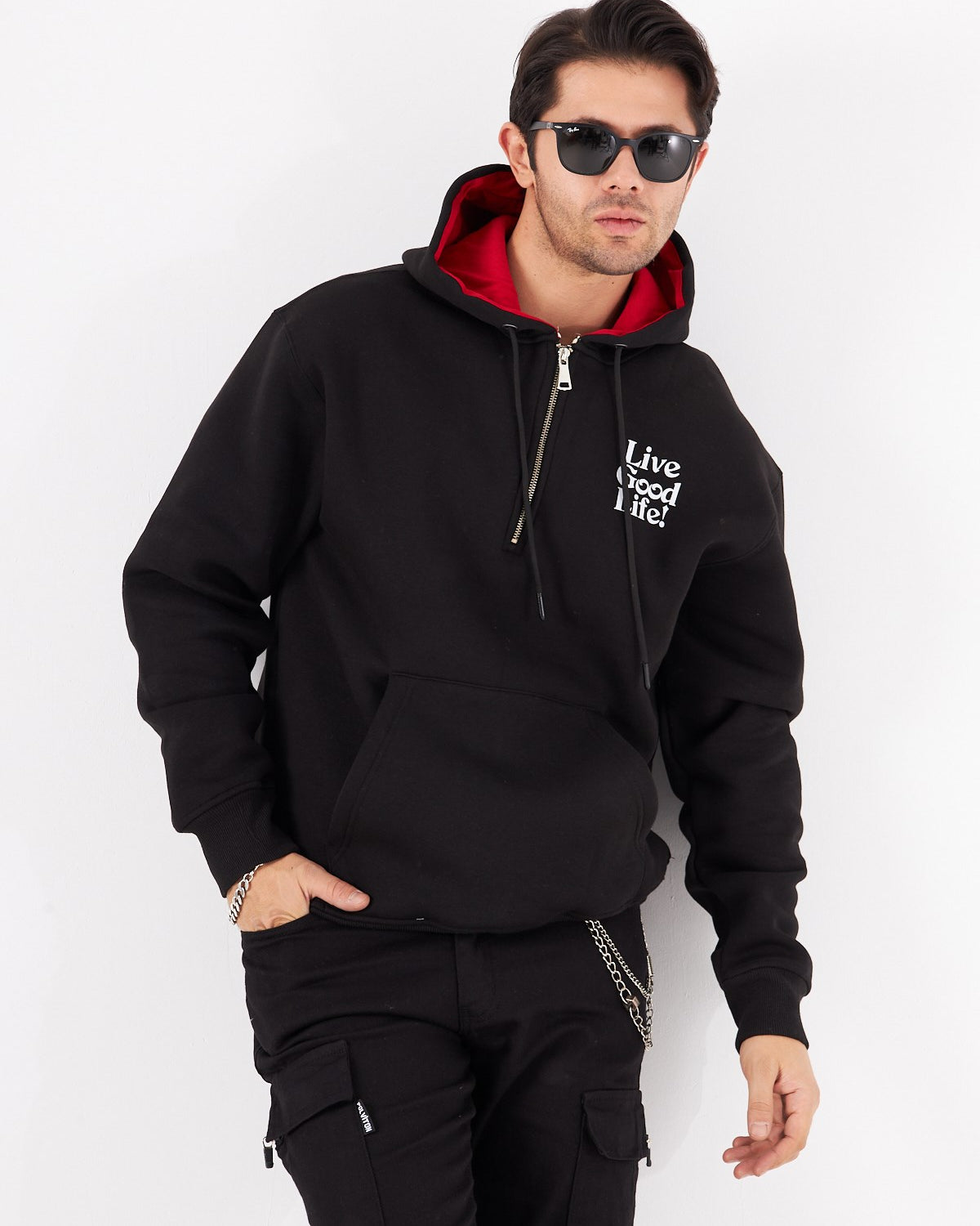 Arka Baskı Detaylı Live Good Life Yazılı Kapüşonlu Bağcıklı Fermuar Kapamalı Oversize Sweatshirt