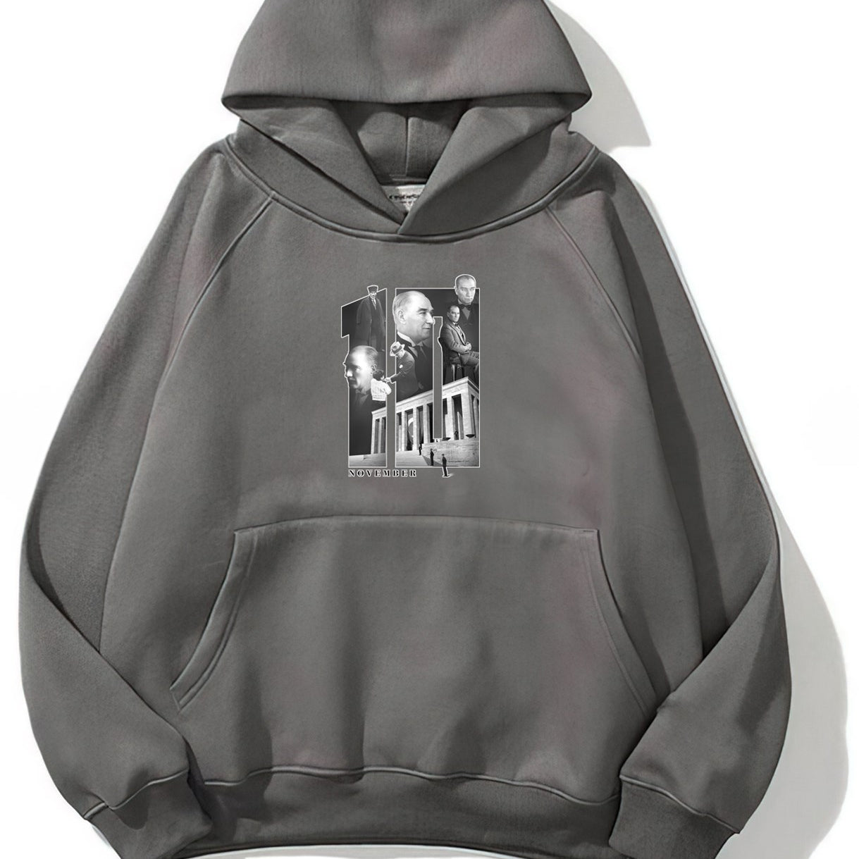 Kapüşonlu İçi Polar Kemal Atatürk 10 Kasım Baskılı Füme Unisex Hoodie Sweatshirt