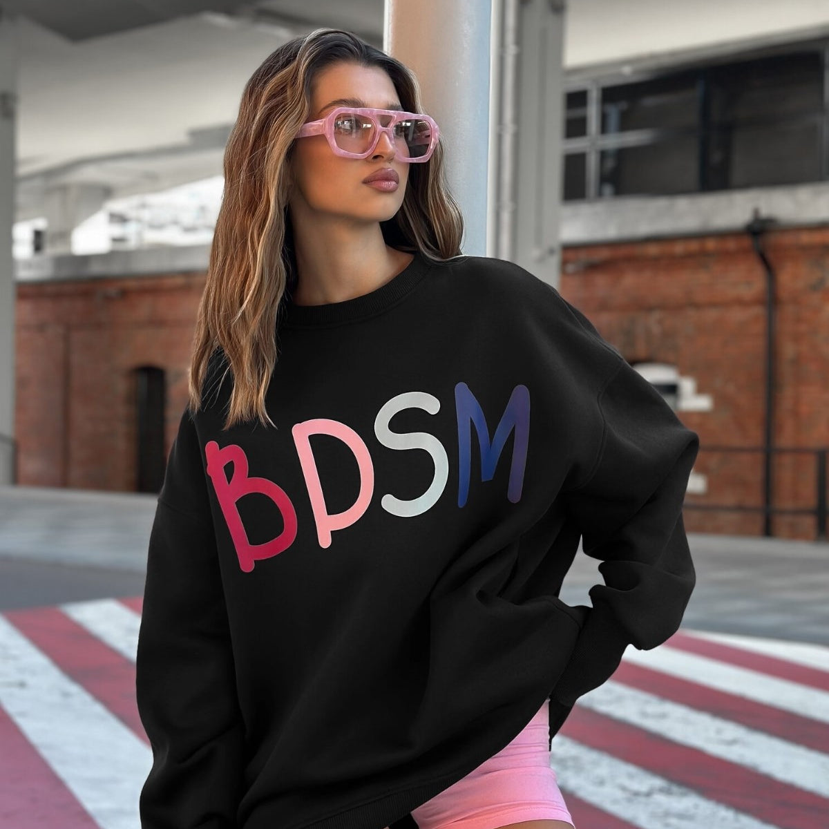 Kadın Oversize Sweatshirt Elbise Color Pop Baskılı Siyah – Bisiklet Yaka, 3 İplik Şardonlu Polar