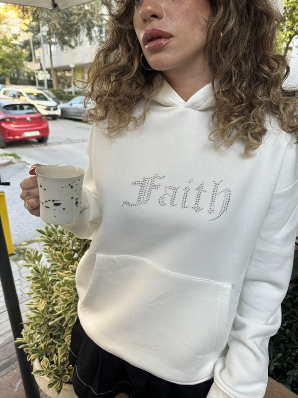 Faith Yazılı Taş Baskılı Kapüşonlu İçi Polar Oversize Beyaz Sweatshirt