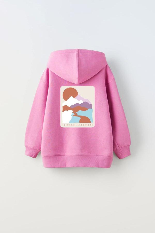 Pembe Kapüşonlu İçi Polar Climbing Adventure Baskılı Unisex Çocuk Hoodie Sweatshirt