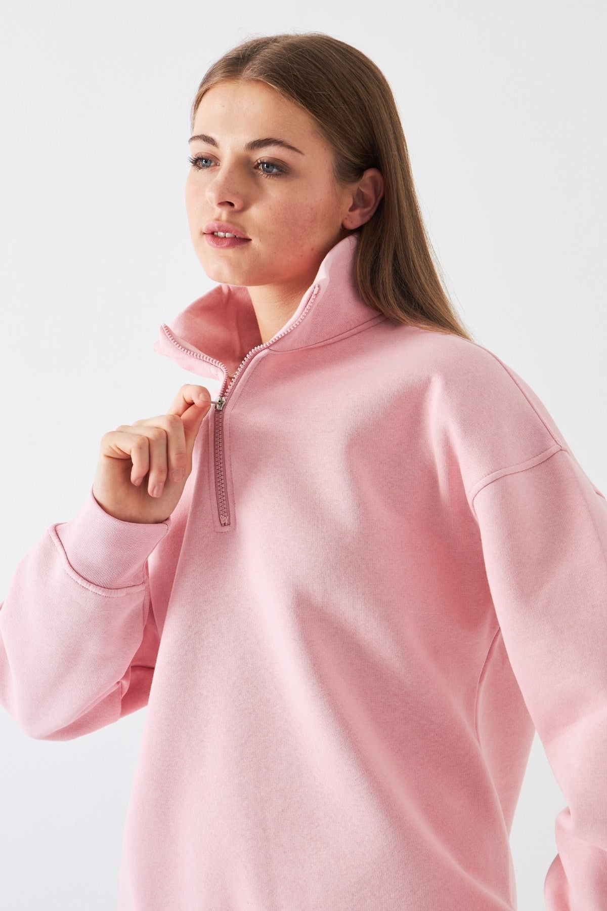 Unisex Oversize Eşofman Takımı Basic Pembe – Fermuarlı Dik Yaka, Lastikli Paça, 3 İplik Polar