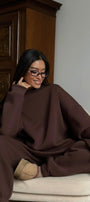 Kadın Oversize Sweat Elbise Eşofman Takımı Basic Kahverrengi – Bisiklet Yaka, Lastikli Paça, 3İplik 