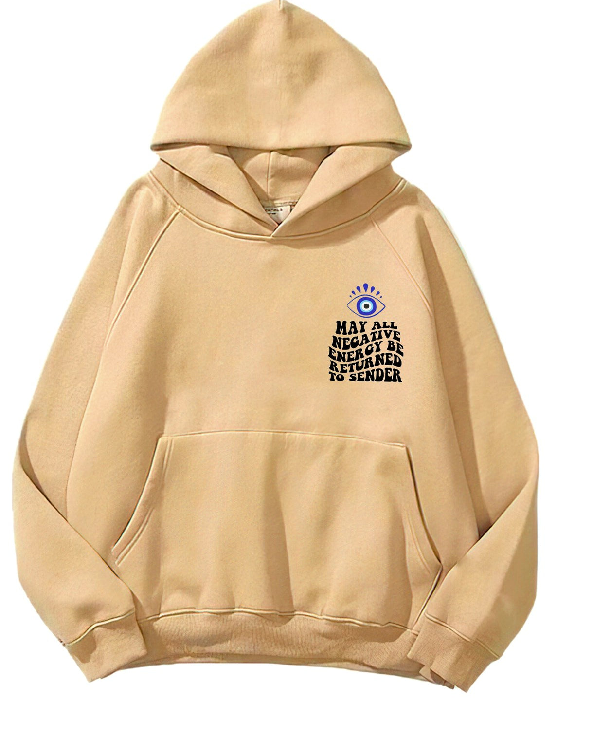 Kapüşonlu İçi Polar Kirpikli Nazar Boncuğu Baskılı Bej Unisex Sweatshirt