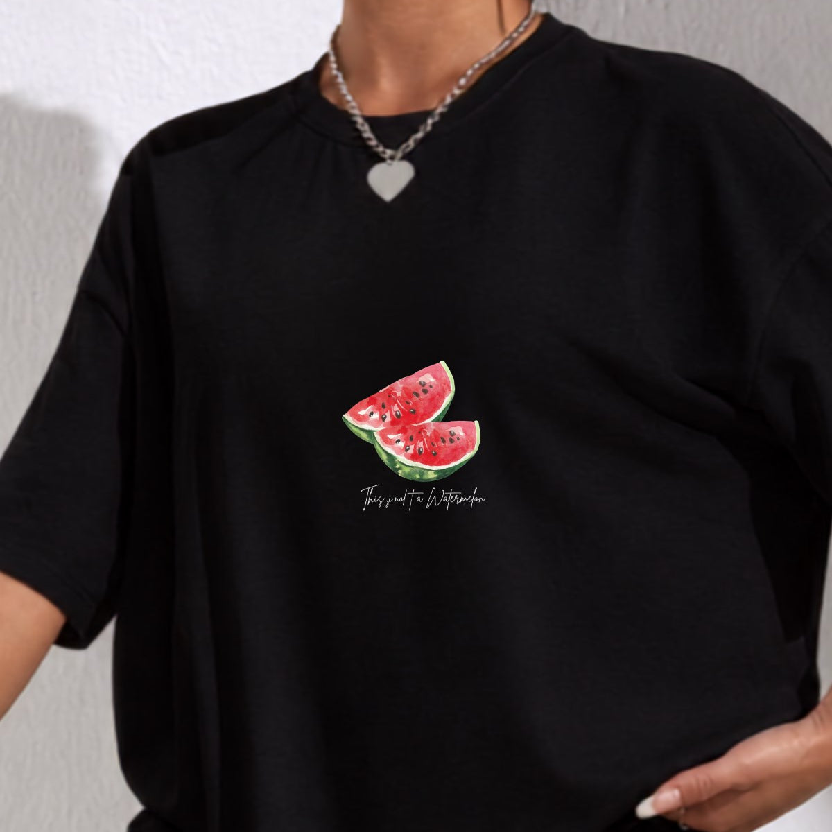 Kadın Oversize Tişört Watermelon Mood Baskılı Siyah – Bisiklet Yaka, Rahat Kalıp, %100 Pamuk