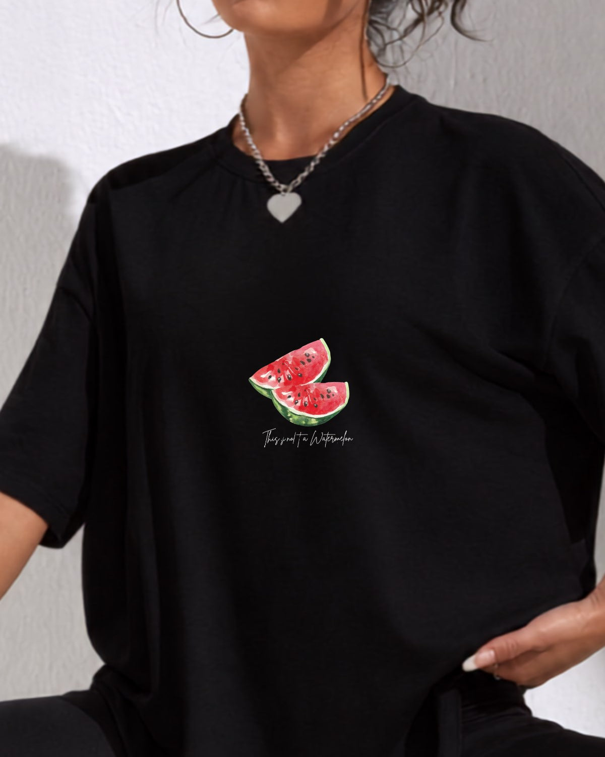 Kadın Oversize Tişört Watermelon Mood Baskılı Siyah – Bisiklet Yaka, Rahat Kalıp, %100 Pamuk
