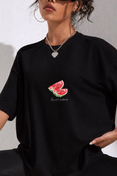 Kadın Oversize Tişört Watermelon Mood Baskılı Siyah – Bisiklet Yaka, Rahat Kalıp, %100 Pamuk