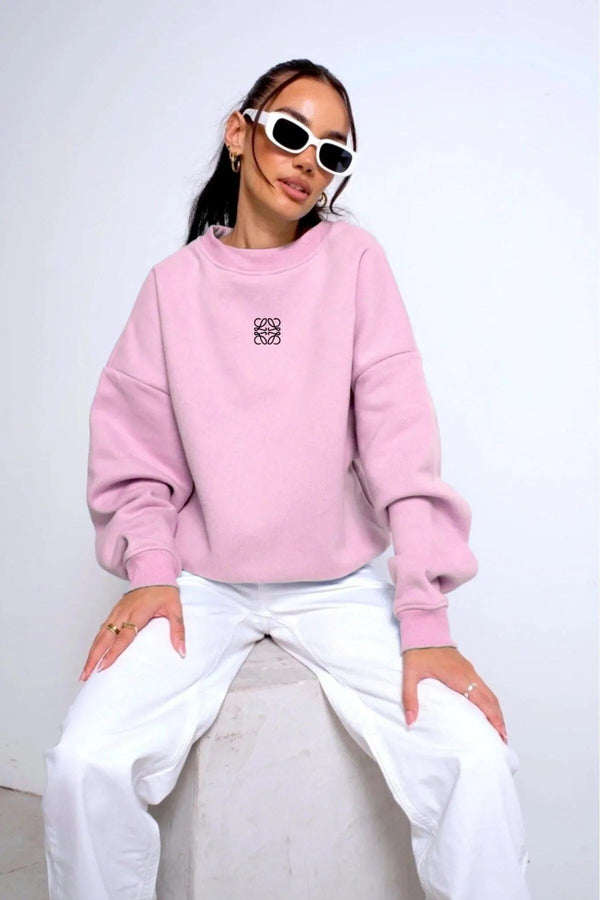 Pembe Unisex Loewe Yüksek Baskı Bisiklet Yaka Oversize Sweatshirt