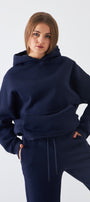 Oversize Unisex Sweatshirt Hoodie Lacivert – Kapüşonlu, 3 İplik Şardonlu Polar, Kanguru Cepli, Basic