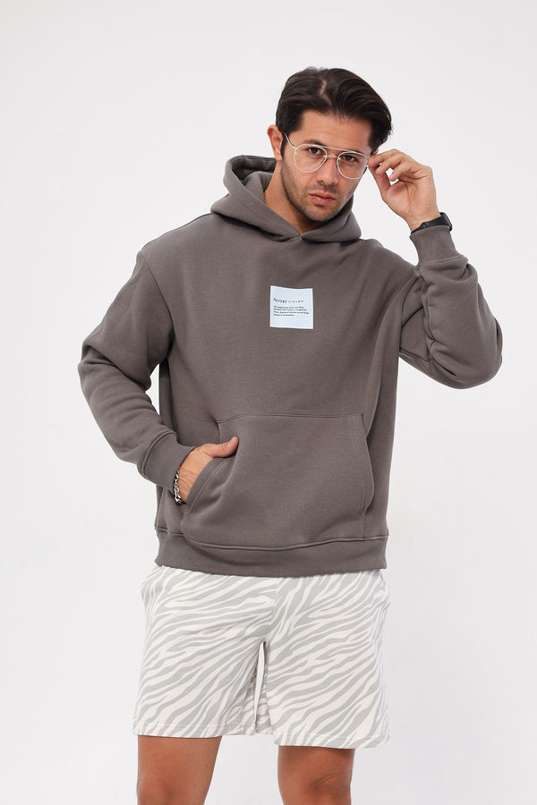 Kapüşonlu İçi Polar Syzygy Yazı Baskılı Füme Oversize Hoodie Sweatshirt