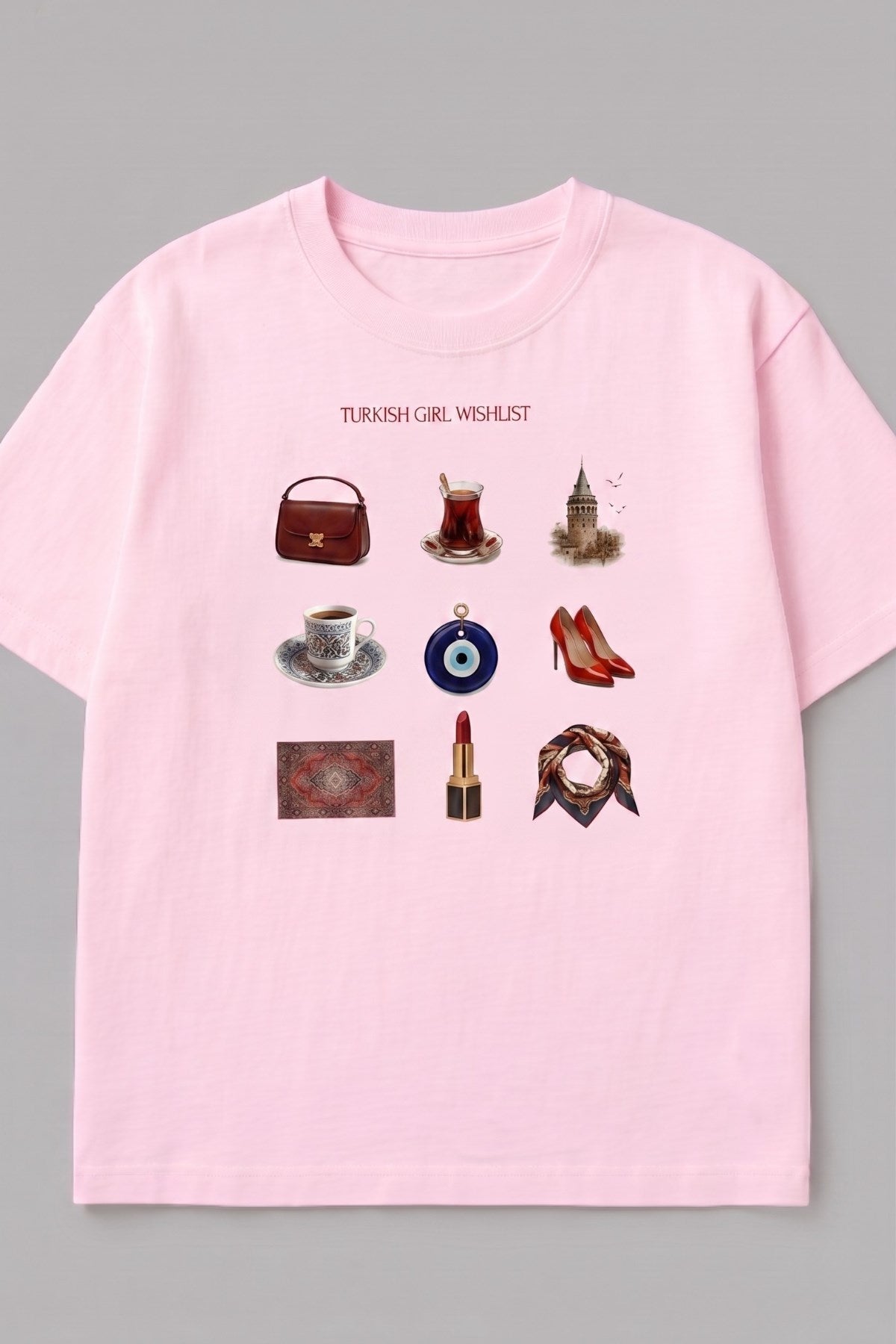 Kadın Oversize Tişört Turkish Girl Wishlist Baskılı Pembe – Bisiklet Yaka, Rahat Kalıp, %100 Pamuk
