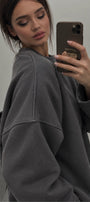 Kadın Relaxed Fit Sweatshirt Basic Füme – Bisiklet Yaka, 3 İplik Şardonsuz, Düşük Omuz, Geniş Kol