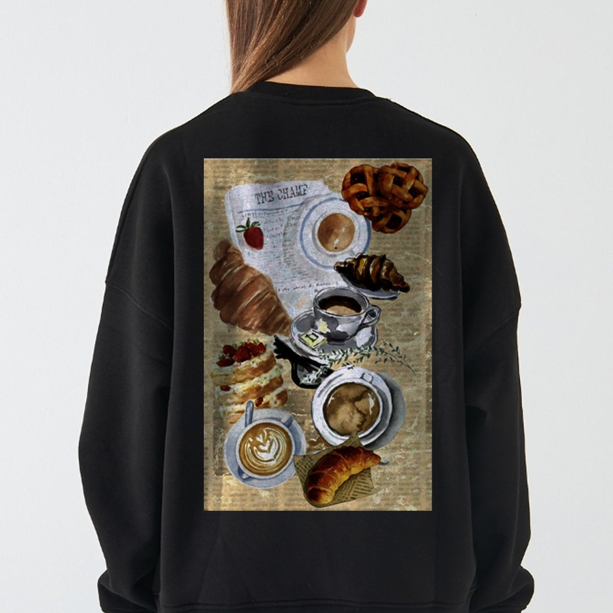 Kadın Oversize Sweatshirt Paris Coffee Journal Baskılı Siyah – Bisiklet Yaka, 3 İplik Şardonlu Polar