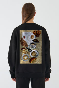 Kadın Oversize Sweatshirt Paris Coffee Journal Baskılı Siyah – Bisiklet Yaka, 3 İplik Şardonlu Polar