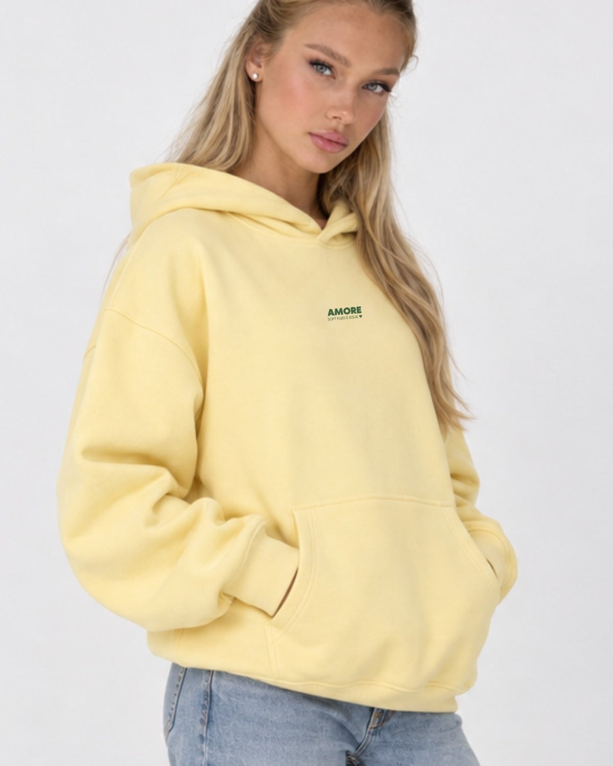 Kadın Oversize Hoodie Amore Baskılı Sarı – Kapüşonlu, Kanguru Cepli, 3 İplik Şardonlu Polar