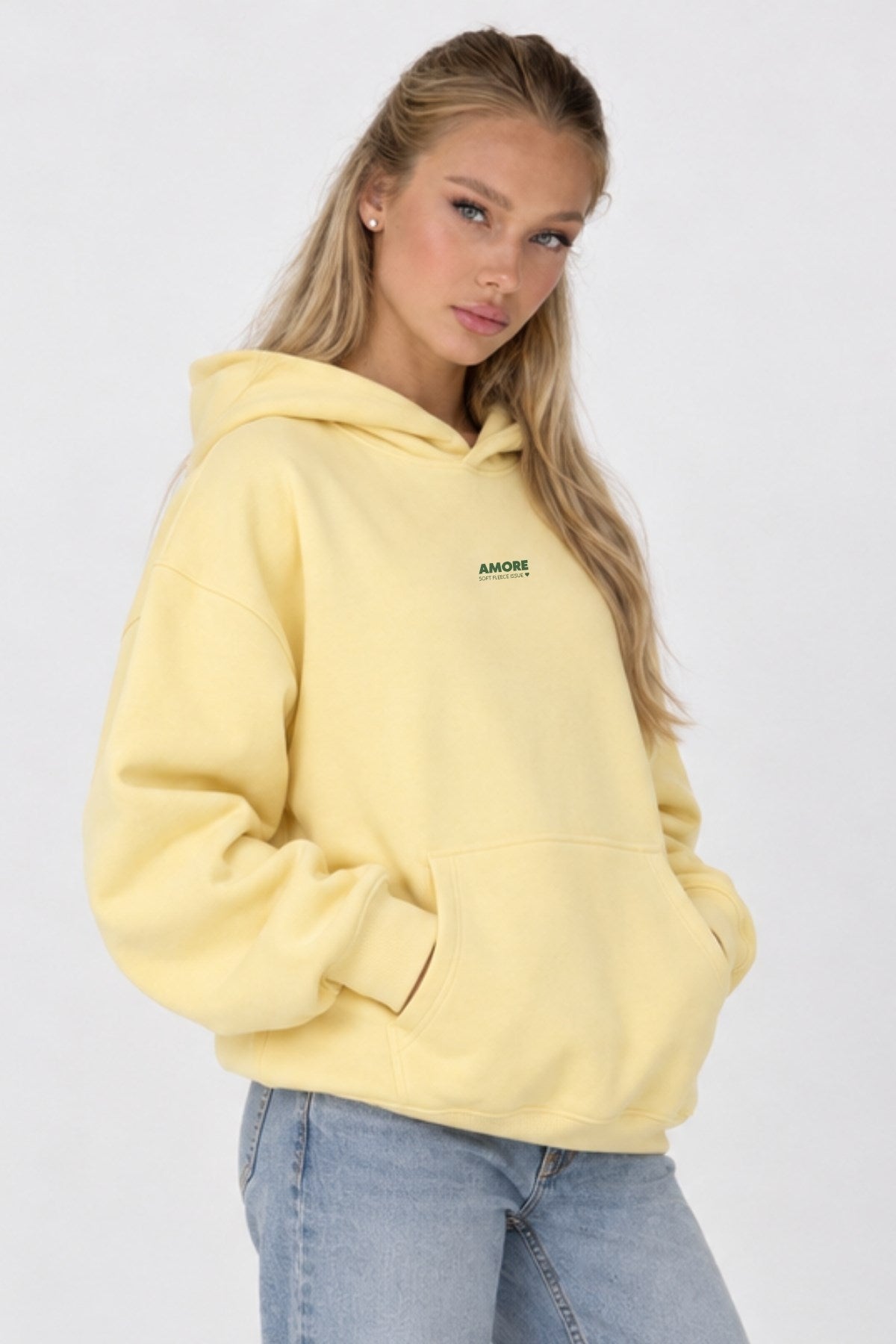 Kadın Oversize Hoodie Amore Baskılı Sarı – Kapüşonlu, Kanguru Cepli, 3 İplik Şardonlu Polar