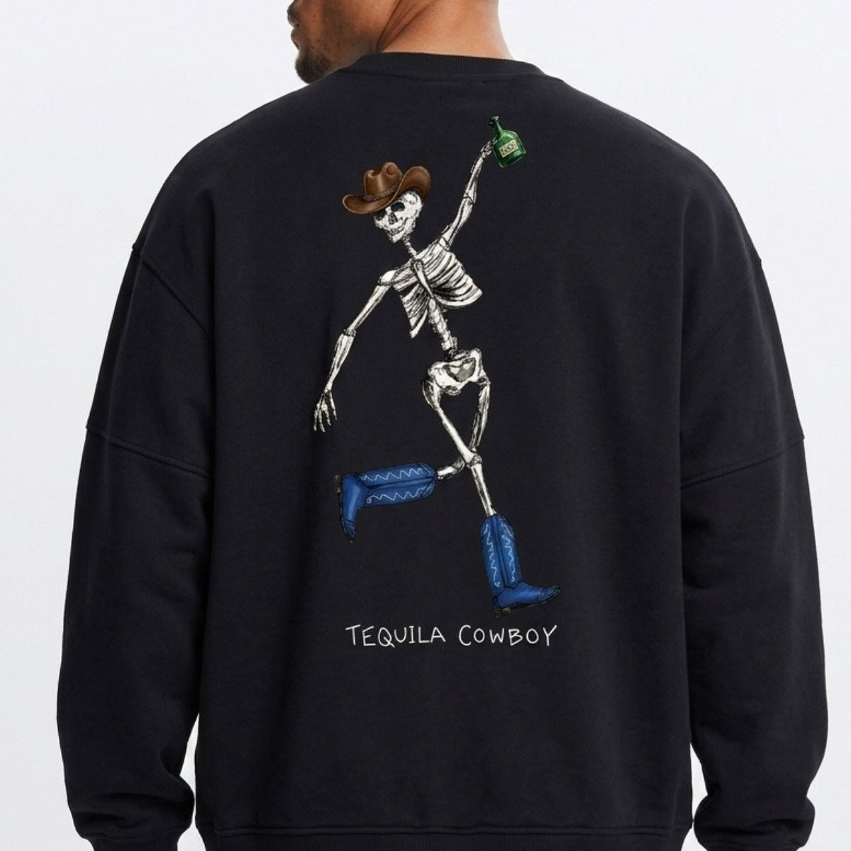 Erkek Oversize Sweatshirt Western Spirit Baskılı Siyah – Bisiklet Yaka, 3 İplik Şardonlu Polar