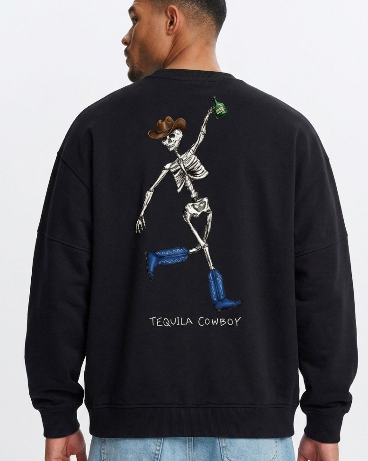 Erkek Oversize Sweatshirt Western Spirit Baskılı Siyah – Bisiklet Yaka, 3 İplik Şardonlu Polar