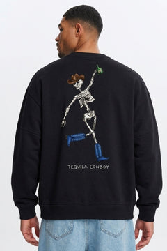 Erkek Oversize Sweatshirt Western Spirit Baskılı Siyah – Bisiklet Yaka, 3 İplik Şardonlu Polar
