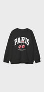 Bisiklet Yaka İçi Polar Paris Yazılı Kiraz Baskılı Siyah Oversize Sweatshirt