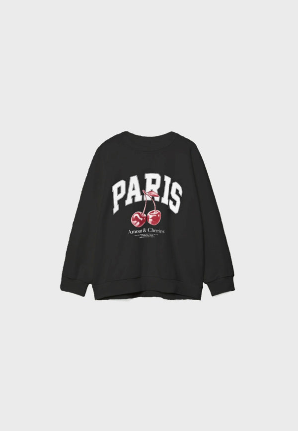 Bisiklet Yaka İçi Polar Paris Yazılı Kiraz Baskılı Siyah Oversize Sweatshirt