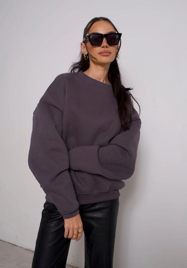 Bisiklet Yaka İçi Polar Füme Unisex Oversize Sweatshirt