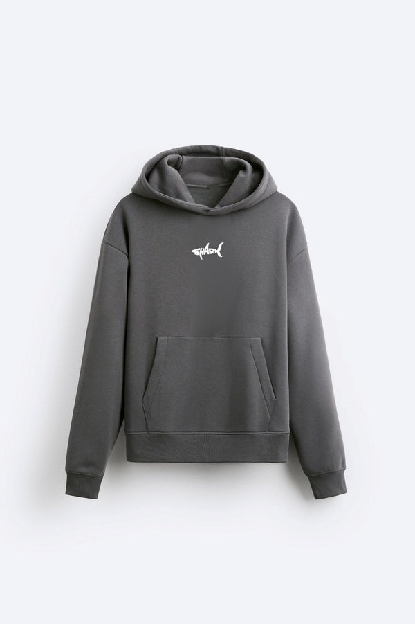 Kapüşonlu İçi Polar Shark Baskılı Füme Oversize Hoodie Sweatshirt