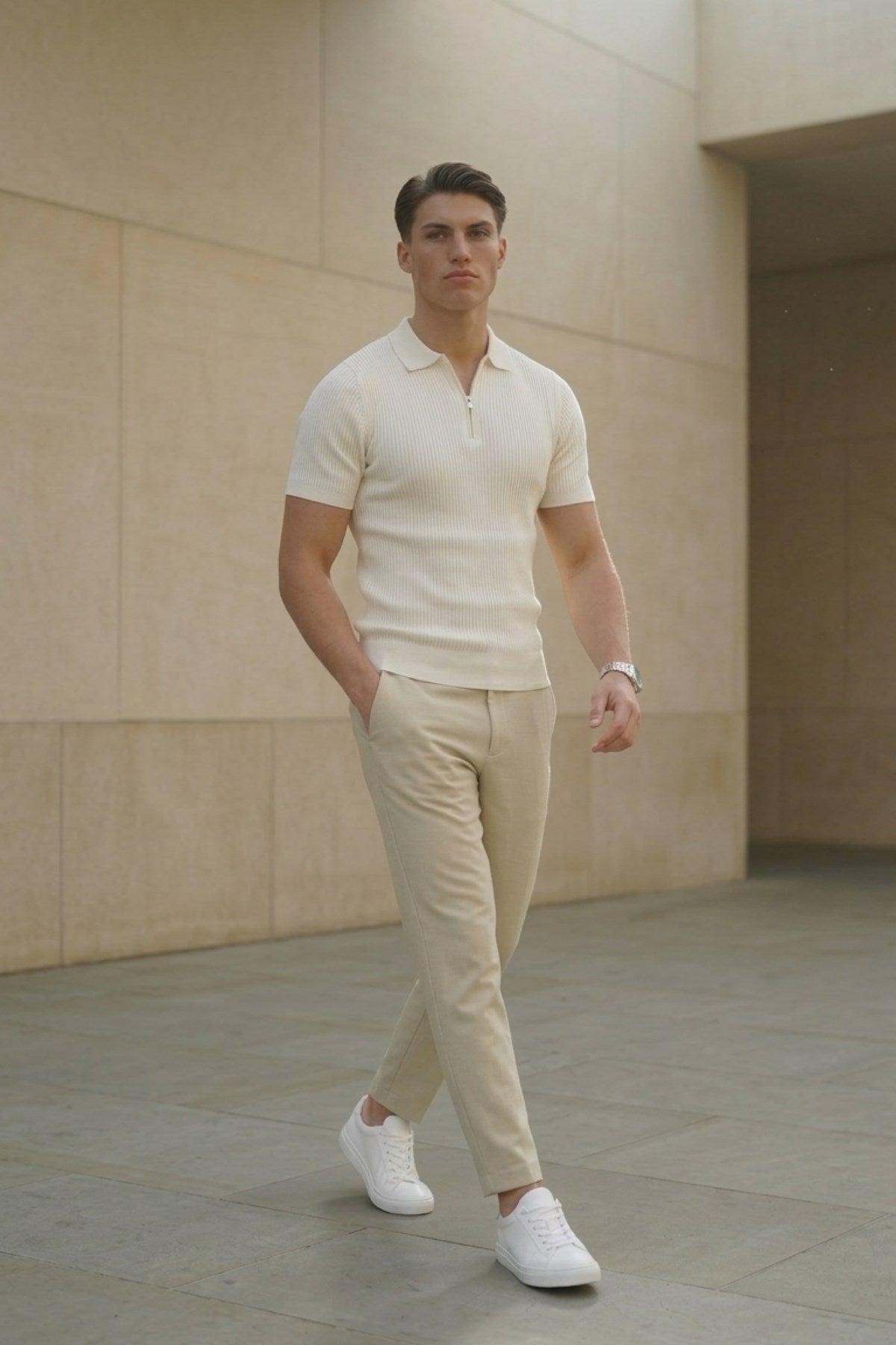 Erkek Dokulu Fitilli Triko Tişört Beyaz - Polo Yaka, Yarım Fermuar, Fit, Yazlık, Örme 