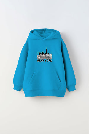 Kapüşonlu İçi Polar New York Yazı Baskılı Mavi Unisex Çocuk Hoodie Sweatshirt