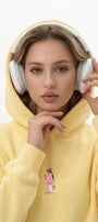 Kadın Oversize Hoodie Pink Kitty Club Baskılı Sarı - Kapüşonlu, Cepli, 3 İplik Polar