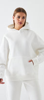 Oversize Unisex Sweatshirt Hoodie Beyaz – Kapüşonlu, 3 İplik Şardonlu Polar, Kanguru Cepli, Basic