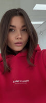 Kadın Oversize Sweatshirt Hoodie CHMP Yazlı Baskılı Kırmızı – Kapüşonlu, 3 İplik Polar, Kanguru Cepli